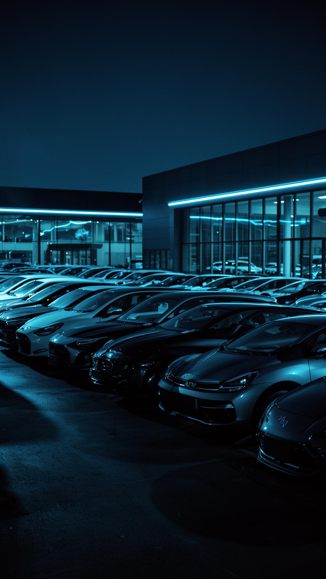 Pátio de veículos em iluminação noturna